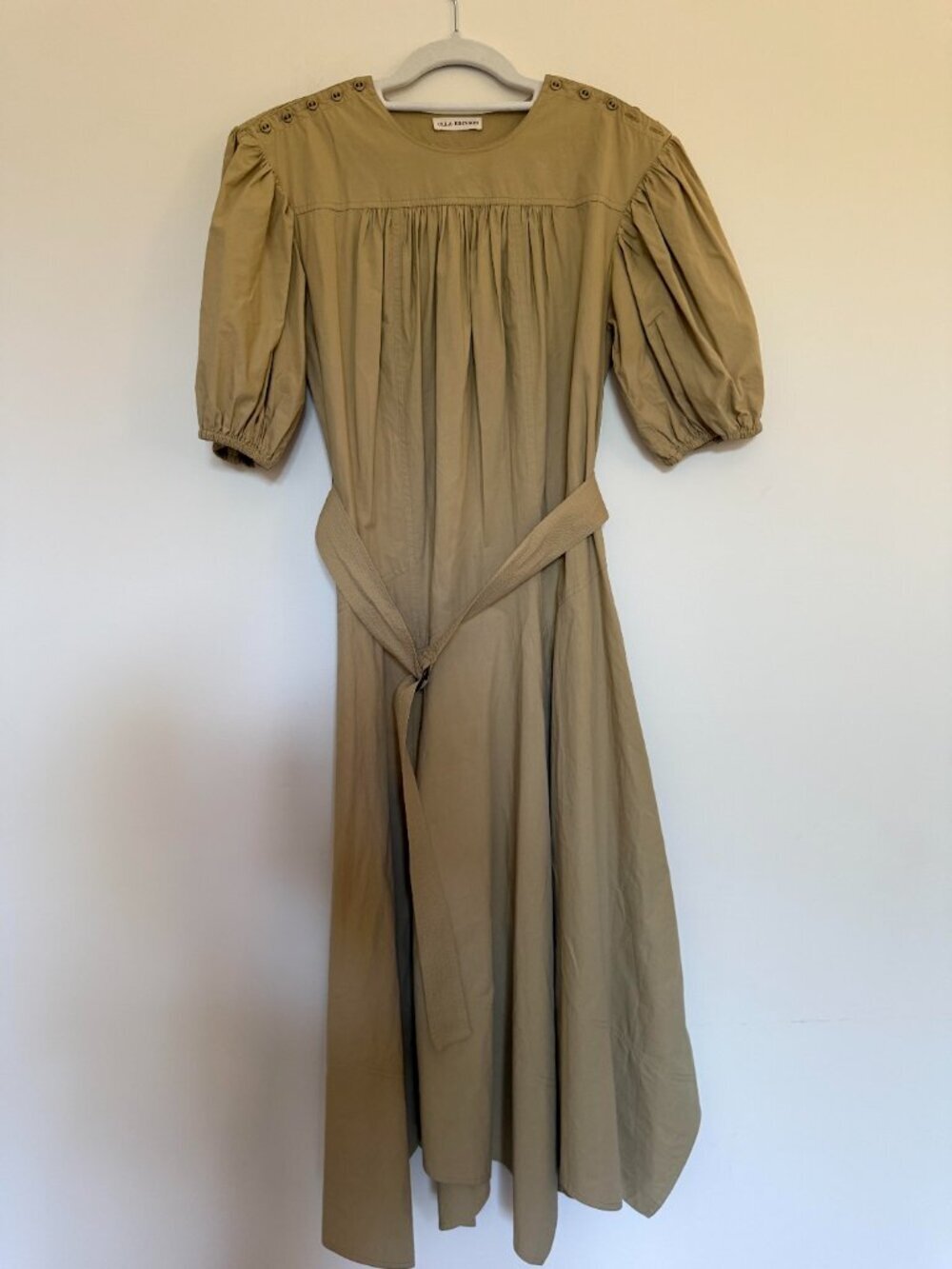 Ulla Johnson Puff Sleeve Belted Midi Dress Cotton Minimalist Parisian Beige - 0